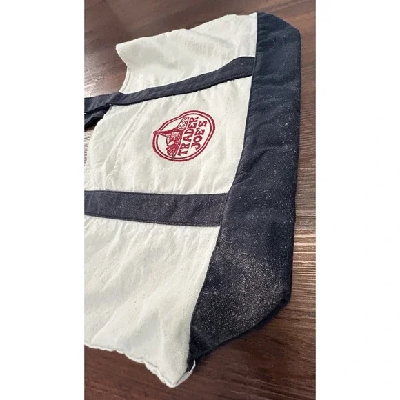 Trader Joe's Reusable Canvas Eco Tote Bag Heavy Duty Bag Blue White - Picture 3 of 11